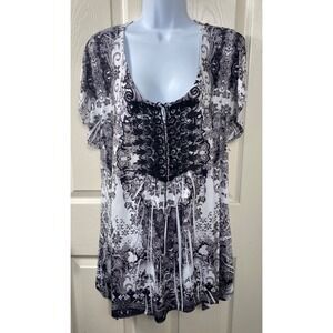 Live and Let Live Paisley Lace Top‎ Blouse Short Sleeve Black White Boho XXL